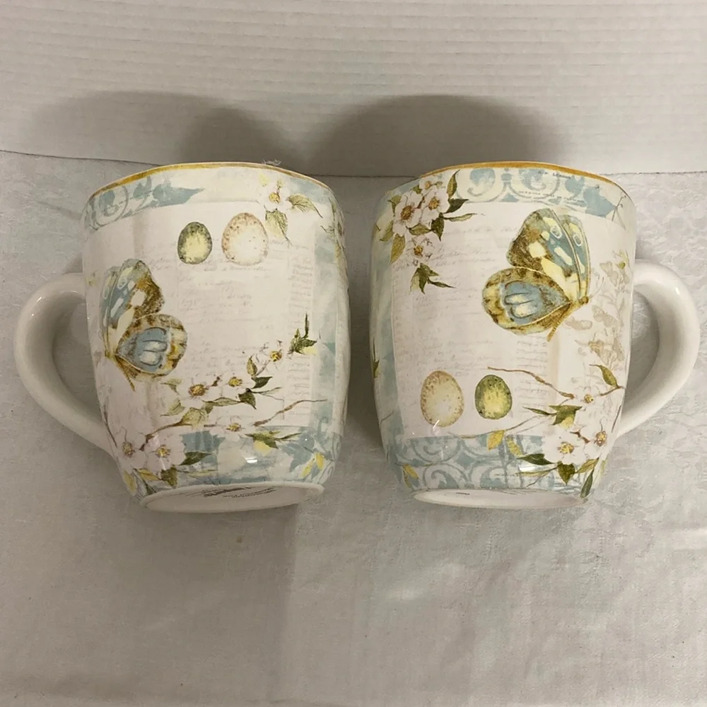 Pier 1 Imports Earthenware Field Notes Butterfly Garden Large Mugs Cup Set of 2